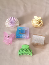 Pastel & Glitter Hair Claw Set – 6 pcs | Shell, Heart, Butterfly, Square & Matte Mix