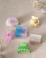 Pastel & Glitter Hair Claw Set – 6 pcs | Shell, Heart, Butterfly, Square & Matte Mix