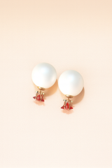 Elegant Pearl Stud Earrings – Red Crystal Accent