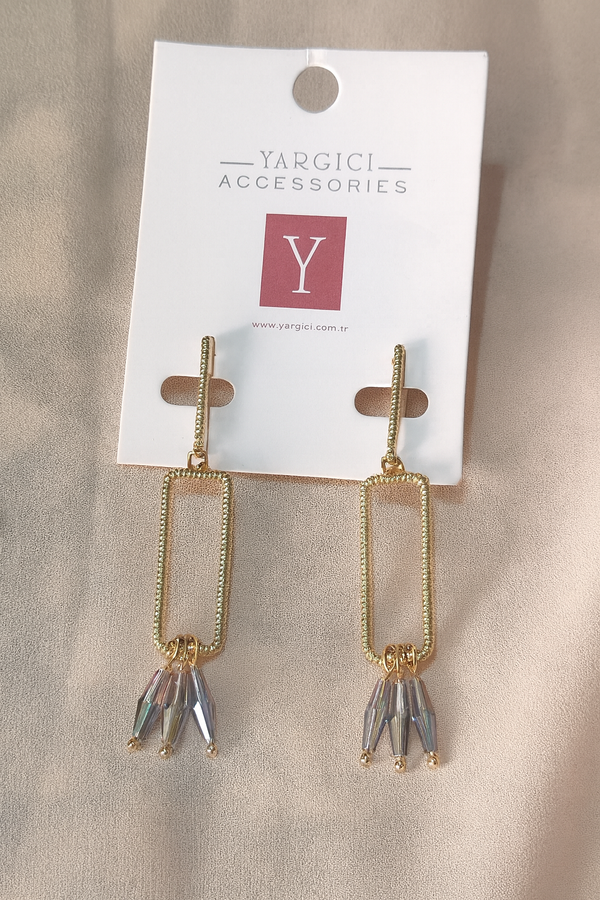 Gold Geometric Drop Earrings with Crystal Dangles