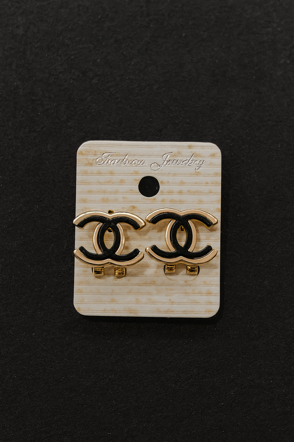 Gold Black Interlocking Logo Stud Earrings