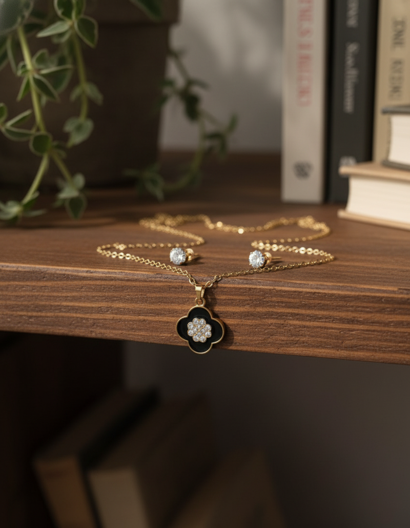 ✨ Black Clover Pendant & Earrings Set – Premium Edition (Golden)