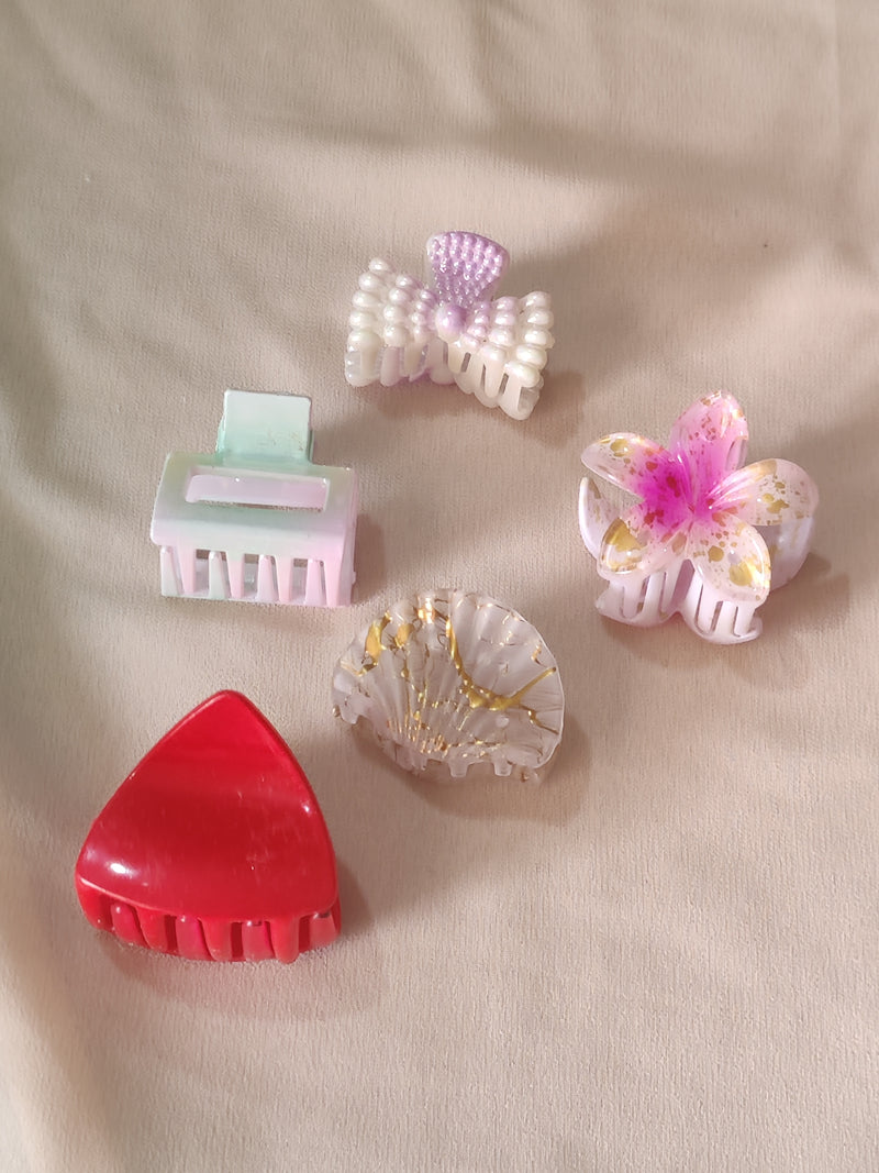 Premium Mini Hair Claw Set – 5 pcs | Pearl Bow, Floral, Shell & Matte Collection