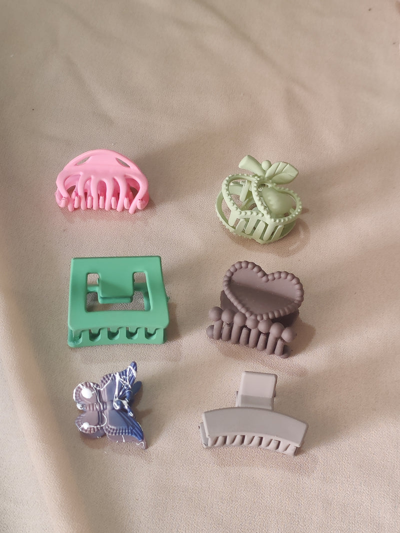 Matte & Crystal Mini Hair Claw Set – 6 pcs | Heart, Butterfly, Pastel & Classic Mix