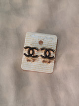 Gold Black Interlocking Logo Stud Earrings