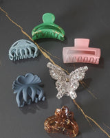 Nalvion 6-Piece Premium Designer Hair Claw Set – Crystal, Matte & Gloss Glossy Mix | Strong Grip | Korean Aesthetic