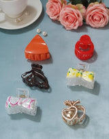 Nalvion Mini Hair Claw Clips Set (6 pcs) – Fruit Bow, Glossy Triangle, Apple Heart, Round Grip, & Trendy Korean Styles