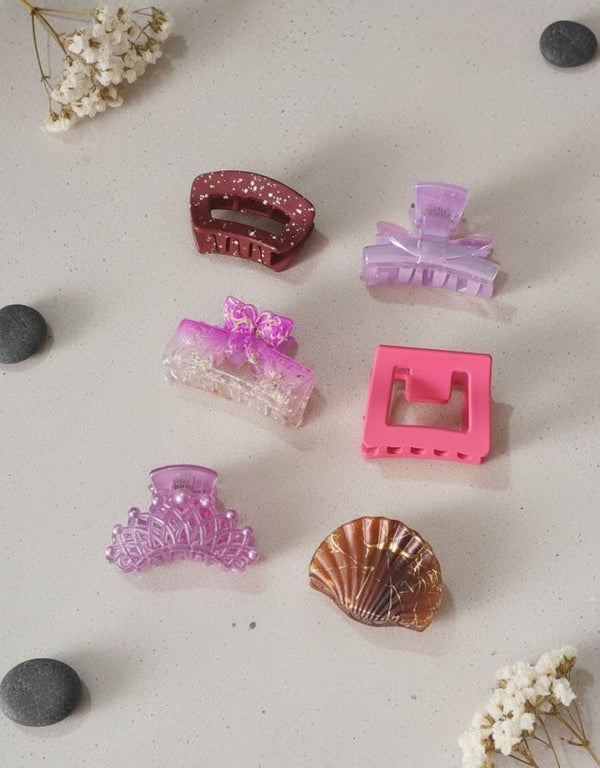 Acrylic & Glitter Hair Claw Clips – Set of 6 | Strong Grip | Shimmery & Pastel Mix Collection