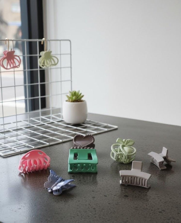 Matte & Crystal Mini Hair Claw Set – 6 pcs | Heart, Butterfly, Pastel & Classic Mix