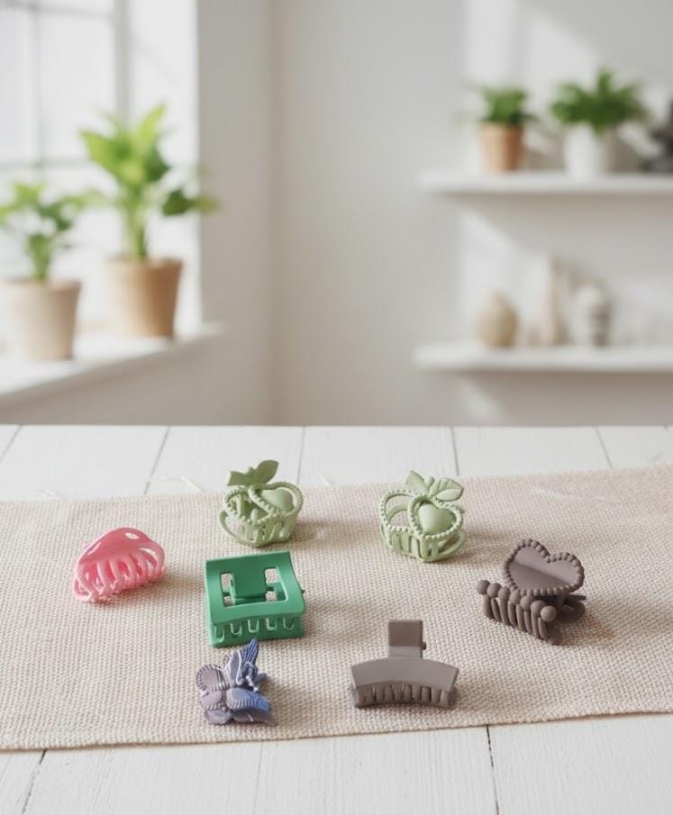 Matte & Crystal Mini Hair Claw Set – 6 pcs | Heart, Butterfly, Pastel & Classic Mix