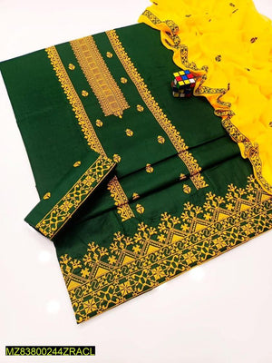 3-Piece Women’s Unstitched Cotton Embroidered Suit – Green & Yellow | Summer Collection