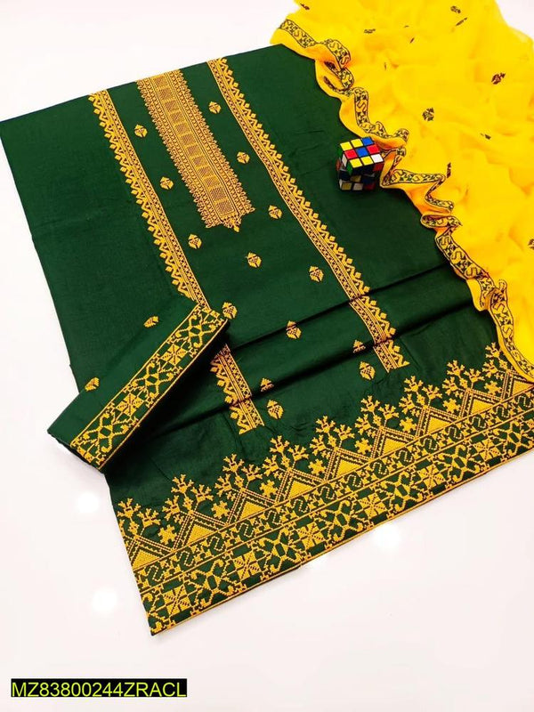 3-Piece Women’s Unstitched Cotton Embroidered Suit – Green & Yellow | Summer Collection
