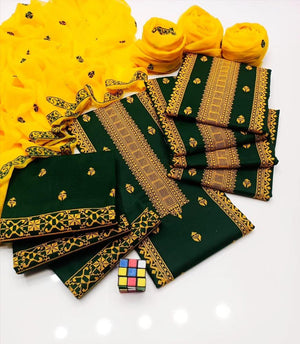 3-Piece Women’s Unstitched Cotton Embroidered Suit – Green & Yellow | Summer Collection