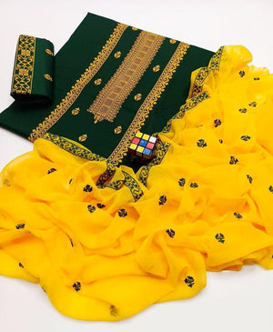3-Piece Women’s Unstitched Cotton Embroidered Suit – Green & Yellow | Summer Collection